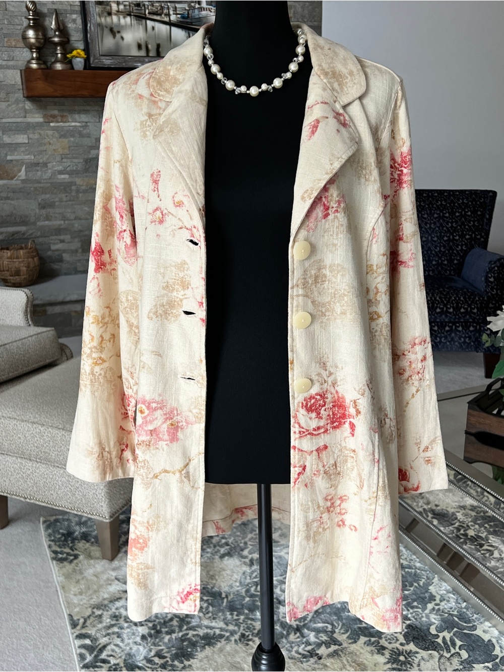 Coldwater Creek Cream Linen Jacket with Pink Floral Accents